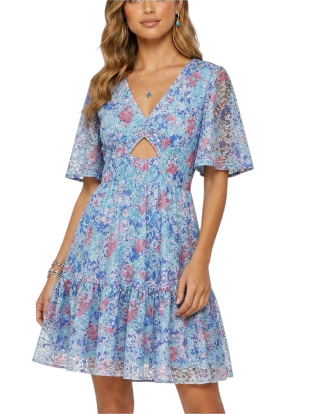 NWT BAR III Floral Lace Short Sleeve Front Cutout Ruffle Hem Dress Size Small